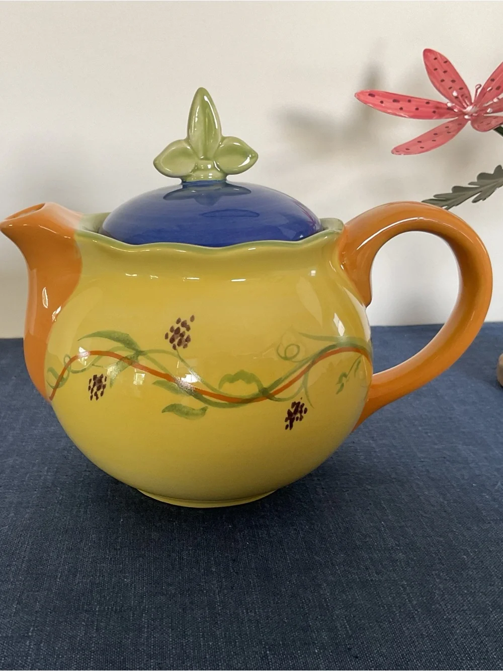 Discontinued Pfaltzgraff Pistoulet by Jane Koplen Ceramic Teapot with Blue Lid